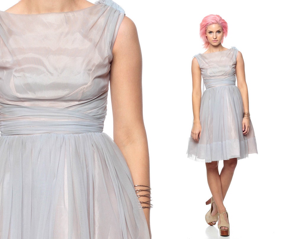 50s Party Dress Prom CHIFFON Lavender Grey Mini 1950s Full Skirt Princess 60s Formal Evening Vintage Mad Men Sleeveless Drape Extra Small XS