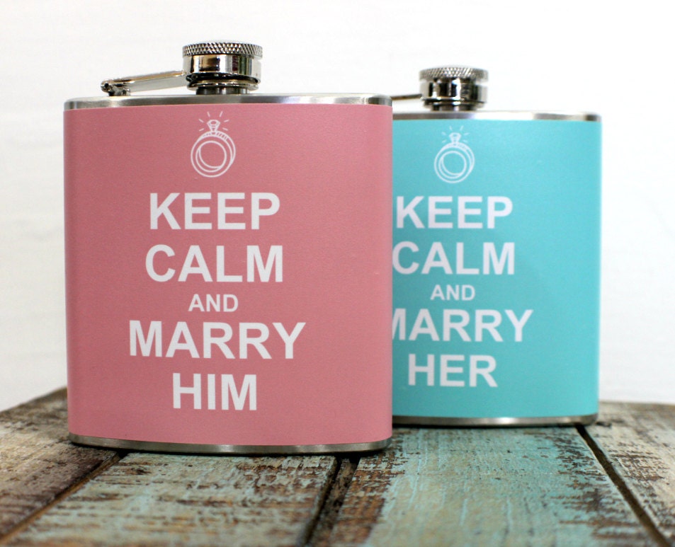 Flask - Bride & Groom - Keep Calm and Marry Him/Her - Set of Two 6oz. Flasks