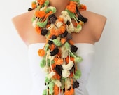 ON SALE Orange Green Brown Mulberry Handmade Scarf Pom Pom