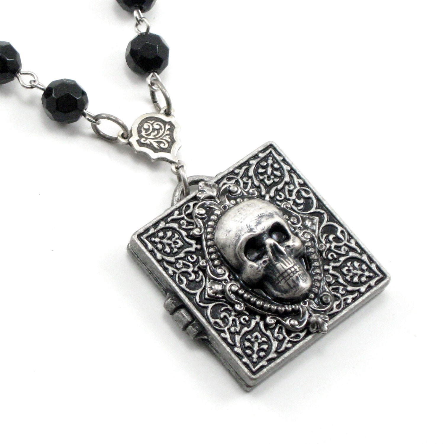 Gothic Necklace - Mourning Necklace - Necronomicon Locket - with Black Czech Glass Faceted Rosary Chain and Skull - by Ghostlove