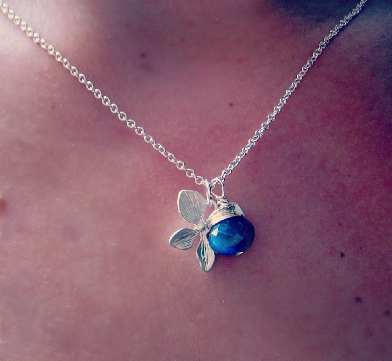 Bridal Necklace Silver Orchid and Labradorite AAA Grade on Delicate Sterling Silver Chain Ultra Luxe Bridesmaid Necklaces