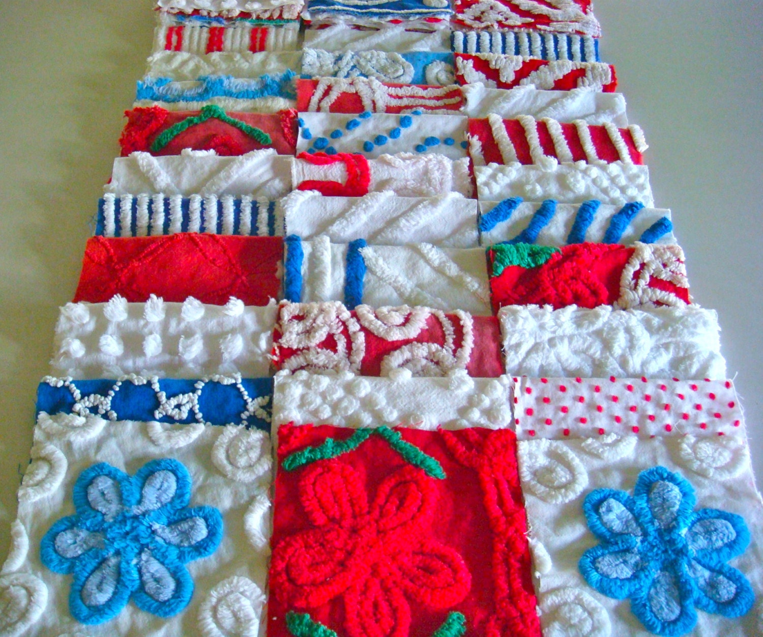 Red, White and Blue Vintage Chenille Quilt Squares 49 6-Inch Squares