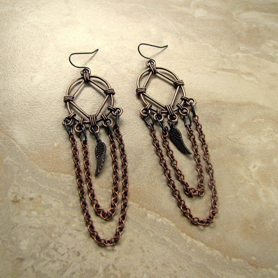 Antiqued Copper Chain Earrings - Chandelier Earrings, Angel Wing Earrings - Autumn Angel