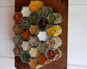RUSTIC Custom Magnetic Spice Rack.  Set of 24 EMPTY hand-stamped jars with rusted metal wall plate. Complete  Your Rustic Kitchen Decor.