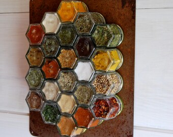 RUSTIC Custom Magnetic Spice Rack.  Set of 24 EMPTY hand-stamped jars with rusted metal wall plate. Complete  Your Rustic Kitchen Decor.