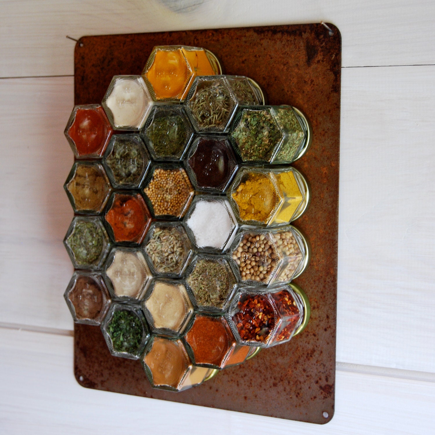 RUSTIC Custom Magnetic Spice Rack. Set of 24 EMPTY hand-stamped jars with rusted metal wall plate. Complete Your Rustic Kitchen Decor.