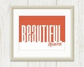 Beautiful Disaster: Big Type Print - Modern Typography Poster, Funny Quote, Stripes, Autumn, Fall, Tomato Red, Peach, White 8 x 10