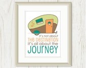 Retro Camper: It's All About the Journey - Travel Poster, Destination, Motivational Quote - Autumn, Harvest, Orange, Brown, Teal 8 x 10