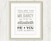Famous Couple Typography Print: Mr. Darcy and Elizabeth - Jane Austen, Pride & Prejudice - Personalized, Black, White, Grey 8 x10