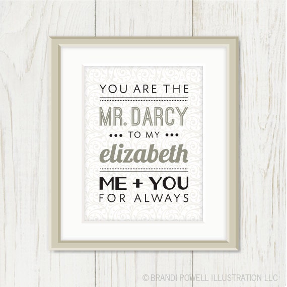 Famous Couple Typography Print: Mr. Darcy and Elizabeth - Jane Austen, Pride & Prejudice - Personalized, Black, White, Grey 8 x10