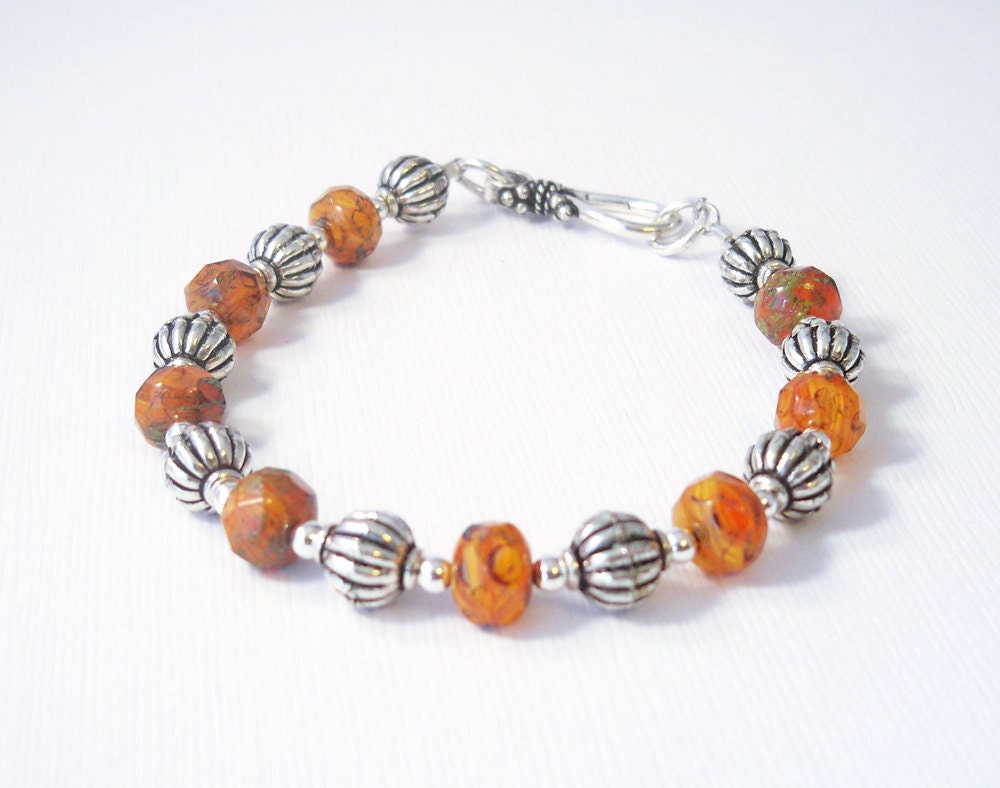 Pumpkin Colored Glass Beaded Bracelet, Czech Glass Beaded Bracelet, Handcrafted Jewelry