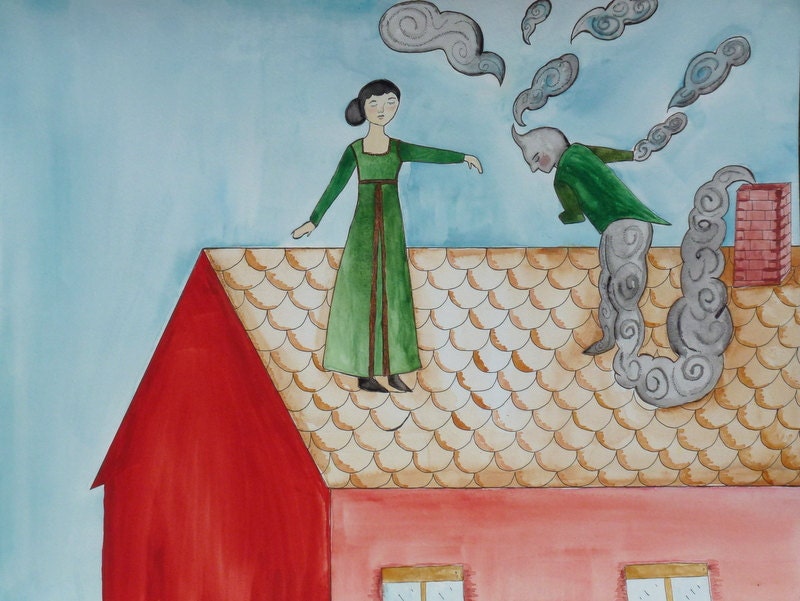 Original Art Illustration Painting Adelaide And The Smoke Man Meet For a Secret Rendezvous On The Roof So They Can Dance
