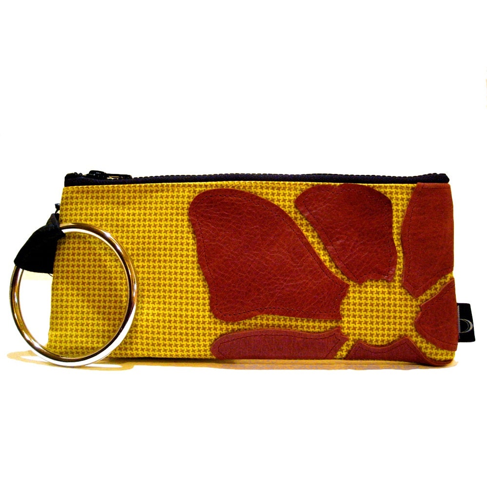 Eco Friendly Wristlet in Yellow and Burnt Orange Houndstooth Fabric w Burnt Orange Leather Flower Applique