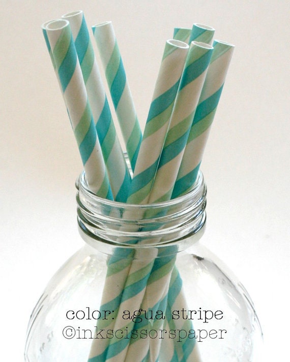 40 Aqua and Green Stripe Paper Straws in Clear Box - Perfect for Parties - Favors--Free Editable DIY Tags PDF