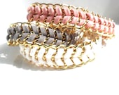 Chain Bracelet  White Chevron leather Gold chain bracelet  metallic Friendship bracelet