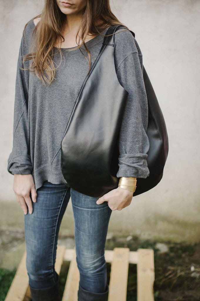 Black Leather Hobo Bag, every day bag, tote bag