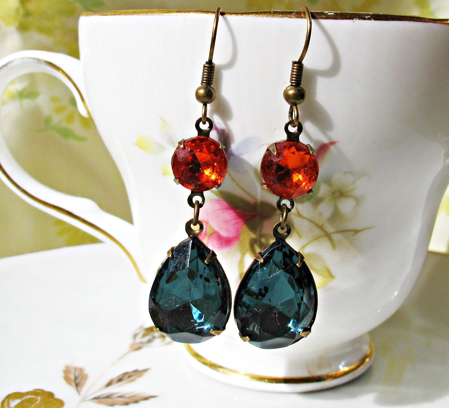 Kiahla Earrings. Vintage Glass Jewel. Orange Blue Glam It Up Wedding Jewellery by dspdavey on Etsy