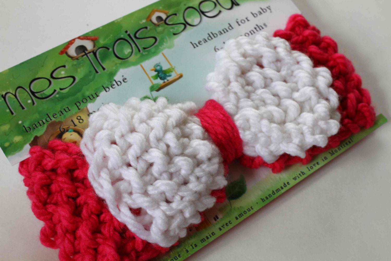 Hot pink and white baby headband with bow