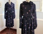 Vintage Black Dress Ruffled Neck // Sheer With Geometric Print // Size 6