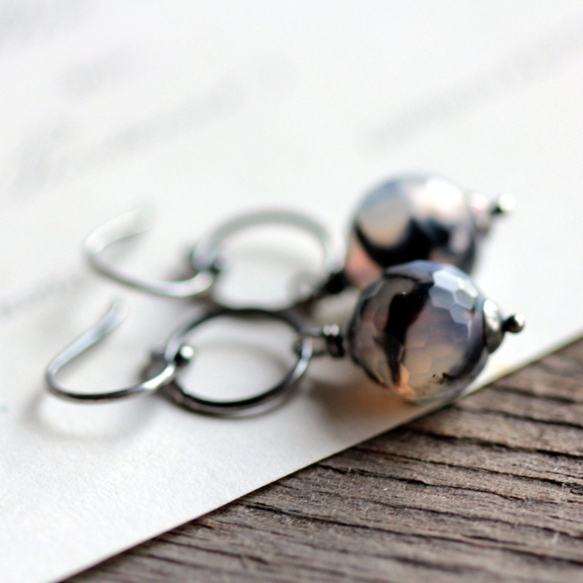 Black Widow Earrings - Spider Web Agate on Sterling Silver Hoop Earrings