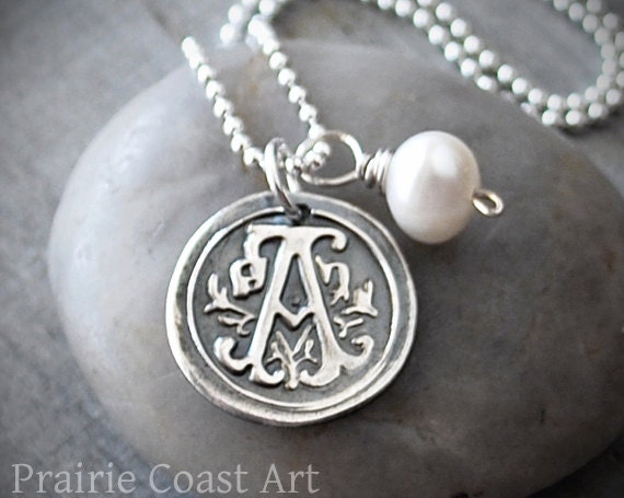 Personalized Custom Silver Wax Seal Initial Necklace - Ornate Custom Initial Charm, Sterling Silver Chain Mothers Day Gift