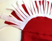 Solid Red Mohawk Fleece Hat with Red and White Fringe