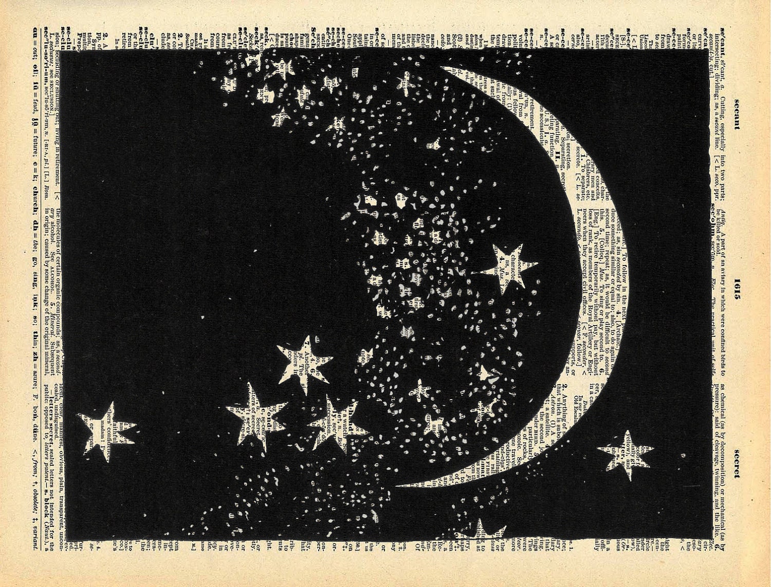 Dictionary Print - Moon and Stars - Vintage Book Art Print - Upcycled Art - Recycled Book Print - Outer Space Constellations Night Sky