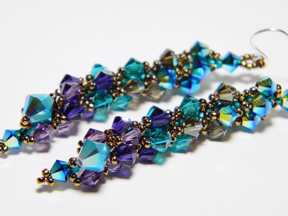 Peacock Swarovski Long Crystal Earrings Jet 2X AB, Blue Zircon, Purple Velvet, Sterling Silver - "Ombre dOiseaux"
