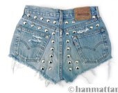 ALL SIZES "BOLT" Vintage Levi high-waisted denim shorts blue distressed frayed studded back