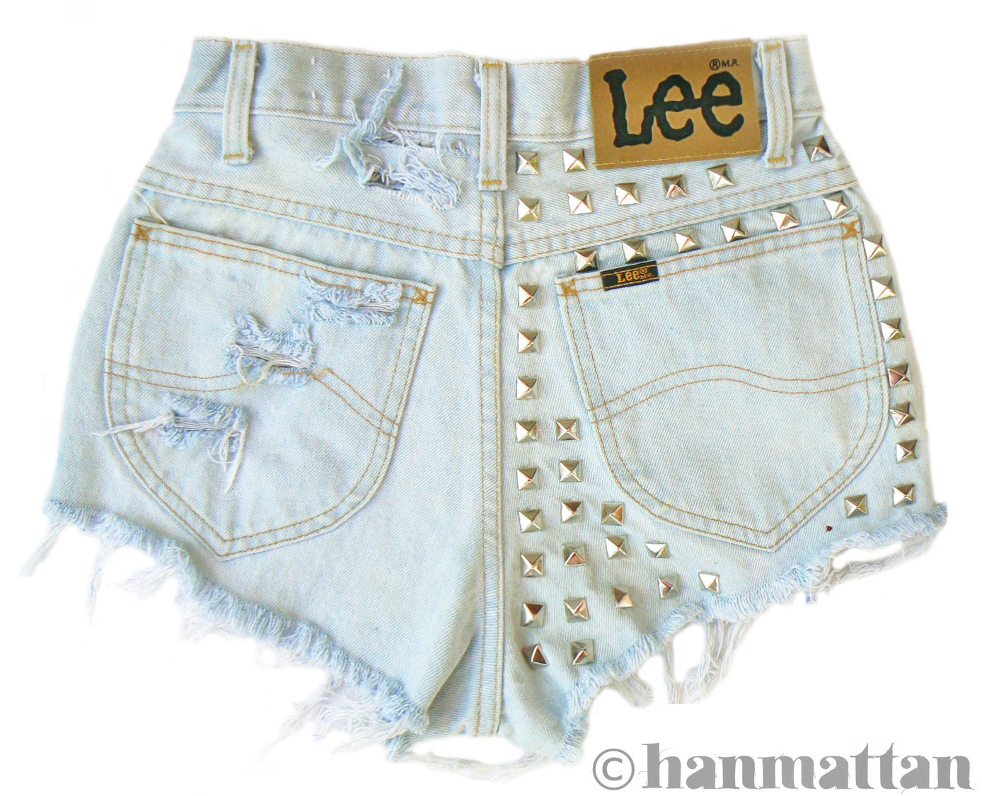 ALL SIZES "SPARK" Vintage Levi high-waisted denim shorts light blue studded distressed frayed jeans