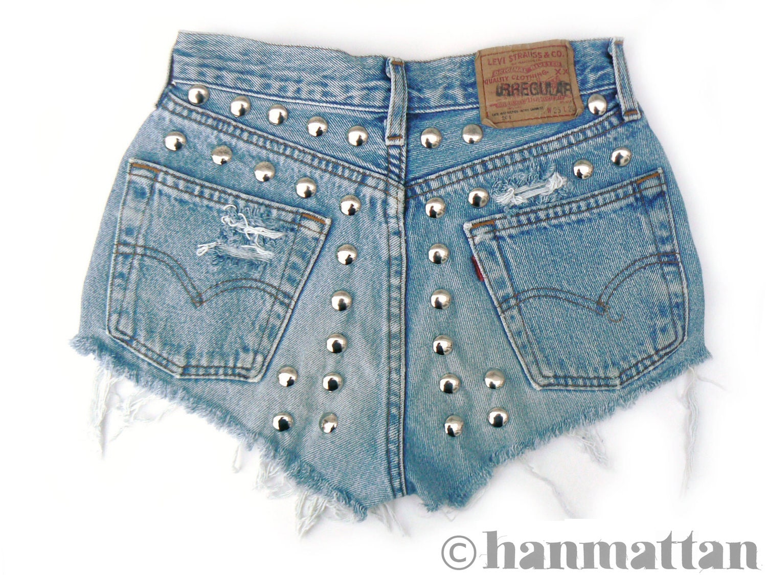 ALL SIZES "BOLT" Vintage Levi high-waisted denim shorts blue distressed frayed studded back