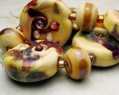 SRA Lampwork Glass Bead Set - Yellow Purple Green Blue Organic - Jewelry Supply 'Fantasy Swirls' Now on Sale
