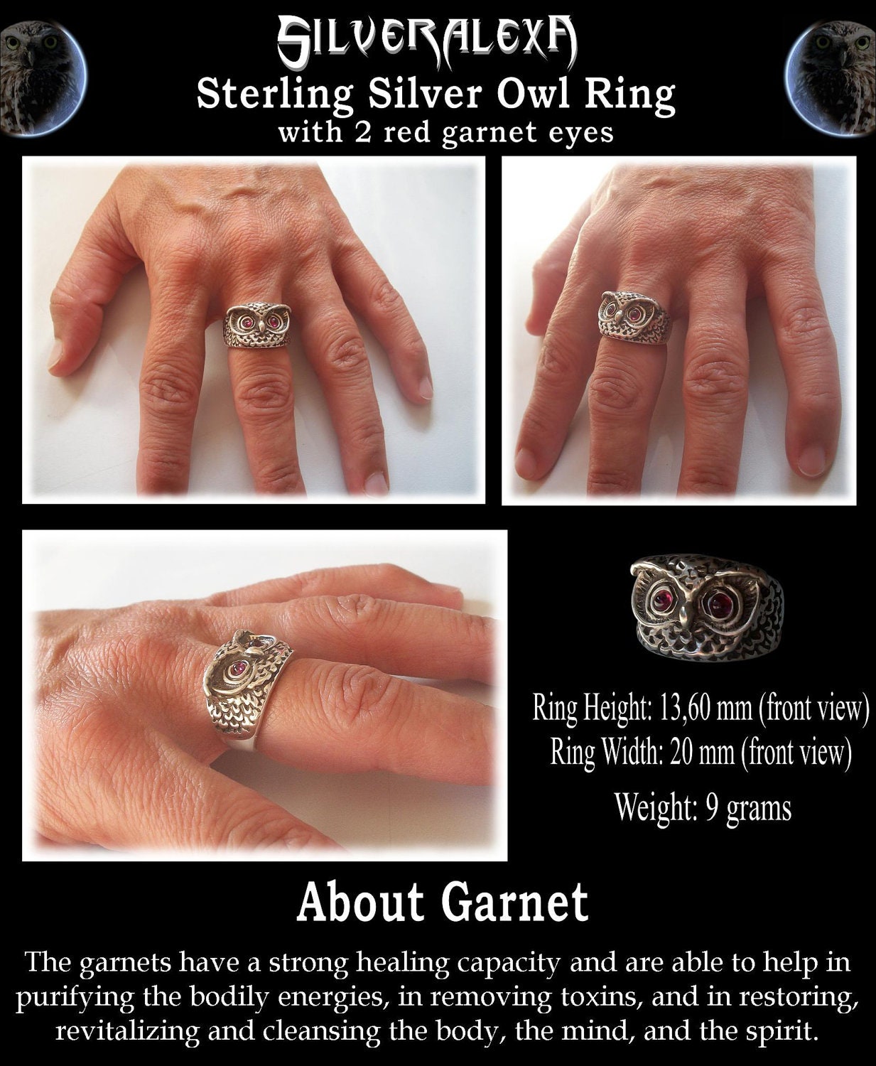 Sterling Silver Owl ring with garnet - All Sizes
