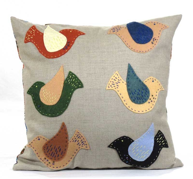 Embroidered Bird Pillow: Freckled Bird Fiber Folk Art