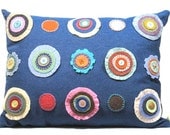 Penny Rug Pillow: Bright Wool Flowers on Blue Denim