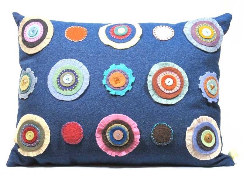 Penny Rug Pillow: Bright Wool Flowers on Blue Denim