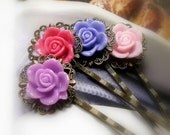 Flower Bobby Pins, Hair Accessories, Violet, Purple, Pink, Coral, Floral Hair Pins, Vintage Style, Resin Cabochons, Roses, Gifts for Her