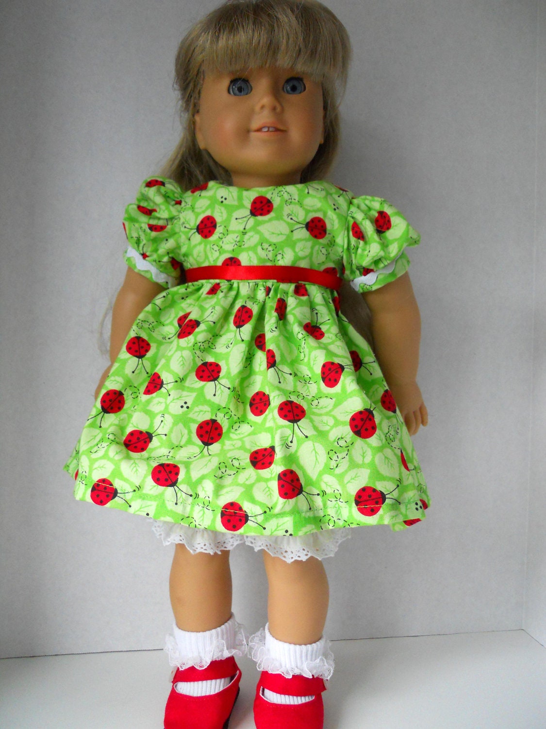American Girl Doll Green Ladybug Dress Red Shoes White Pinafore 18 Inch Doll Clothes