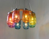 RAINBOW Connection MASON Jar Chandelier - Upcycled Hanging Mason Jar Lighting Fixture Direct Hardwire - BootsNGus Lamps Rustic Home Decor