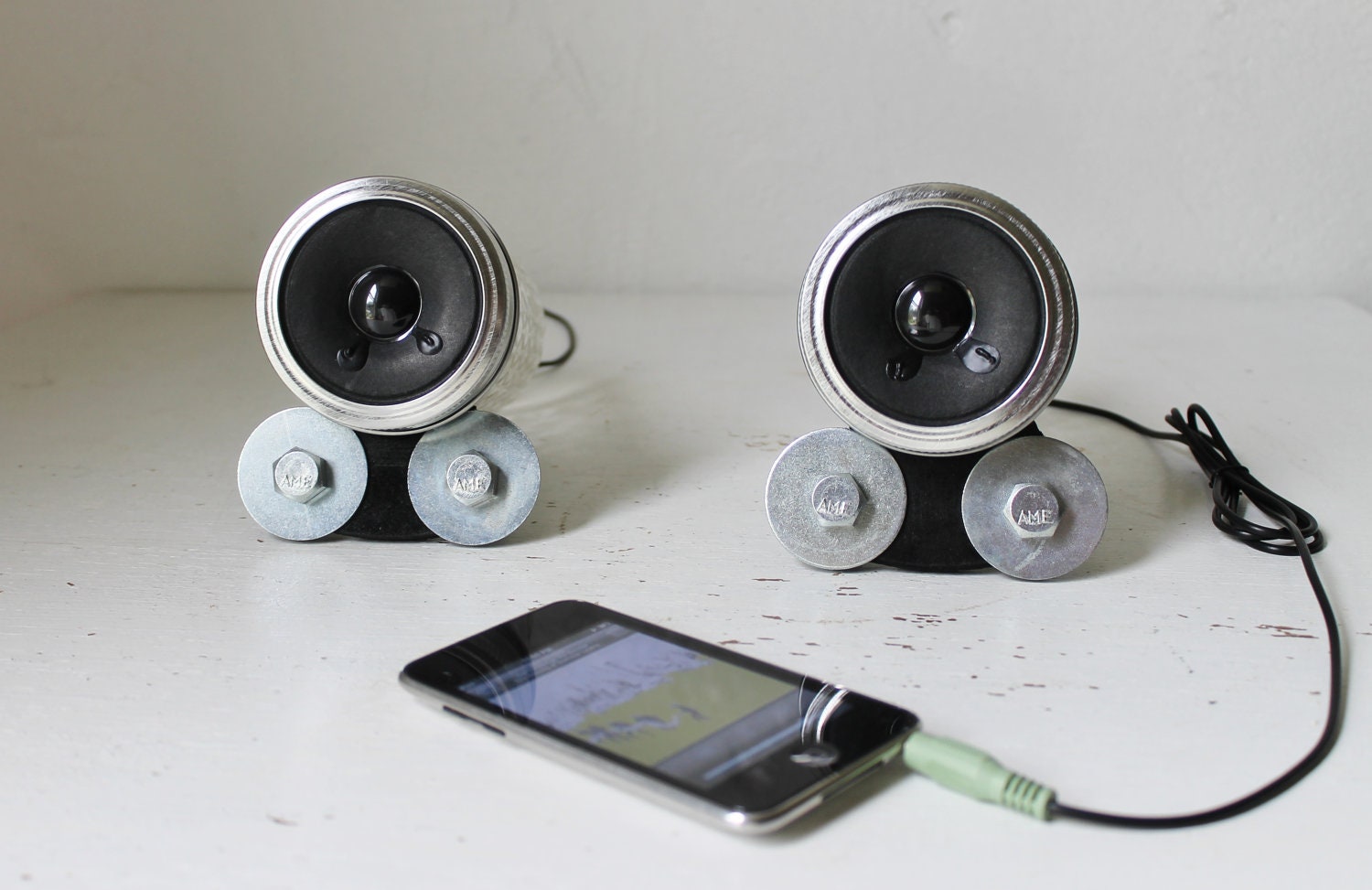 Mason Jar Speakers - Unique UpCycled Crystal Pattern Computer - Game Consoles - iPhone - IPOD - MP3 - Amplified Speaker Set - Handmade Bases