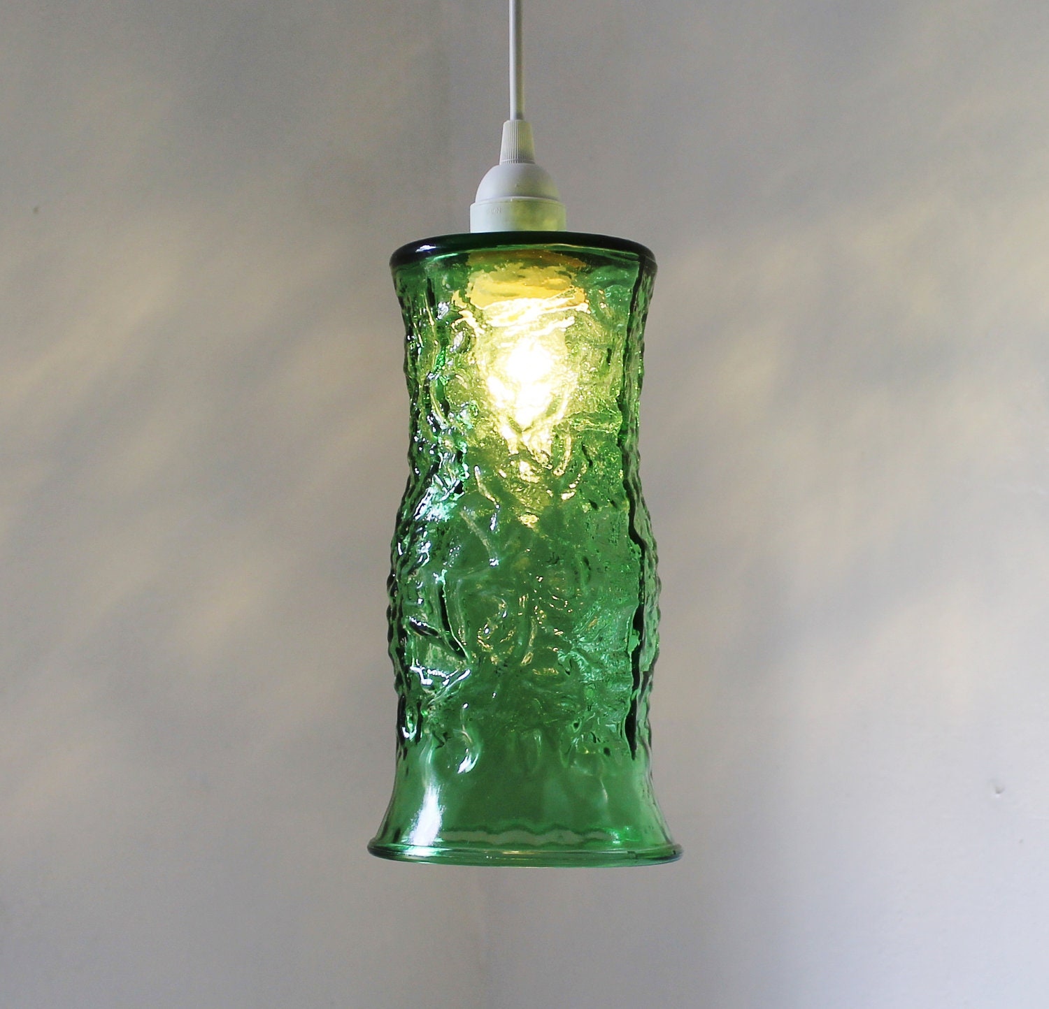 EMERALD CITY - Hanging Pendant Lighting Fixture - UpCycled Vintage E O Brody Co Green Glass Flower Vase Lamp Original BootsNGus OOAK Design