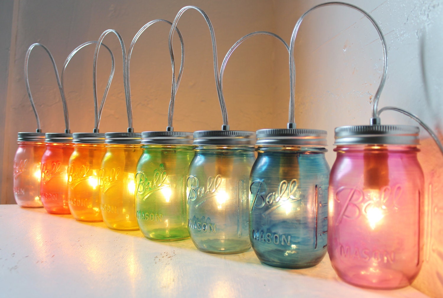 Rainbow PARTY LIGHTS - Mason Jar Banner Lighting Fixture with 8 jars - Upcycled Rustic Wedding Holiday string of Lights - BootsNGus lamps