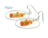 Fire opal, peridot and jade earrings, orange and green earrings, gemstone hoop earrings, boho, October, sterling silver, Tangerine Dream