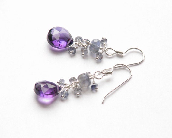 Amethyst iolite dangle earrings- wire wrapped purple blue gemstone earrings- sterling silver- February birthstone- Game of Thrones- Dany