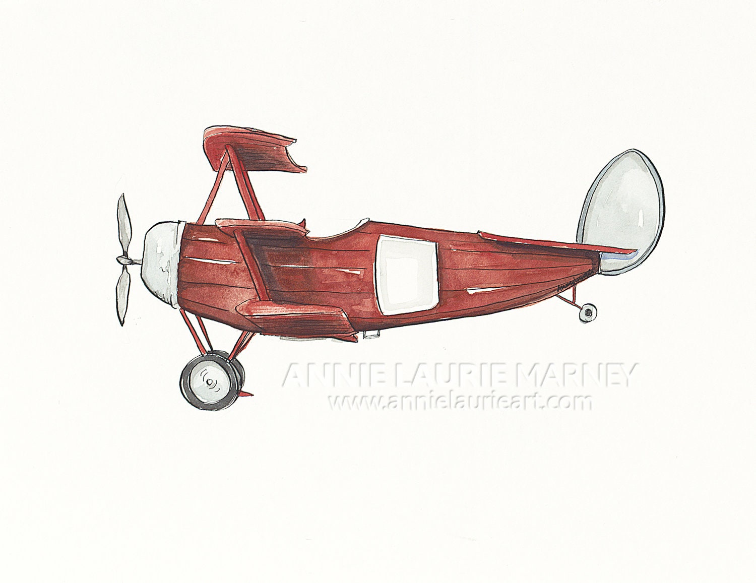 Vintage Airplane - 8x10" Watercolor Print  - Red Airplane, Aviation, Plane