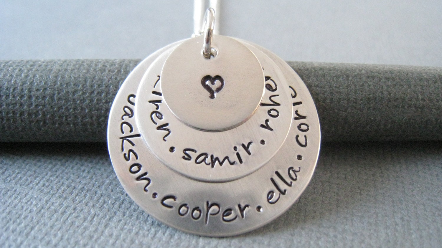 Custom Hand Stamped Jewelry - Personalized Sterling Silver Mommy Necklace - Three Layers Topped with Love