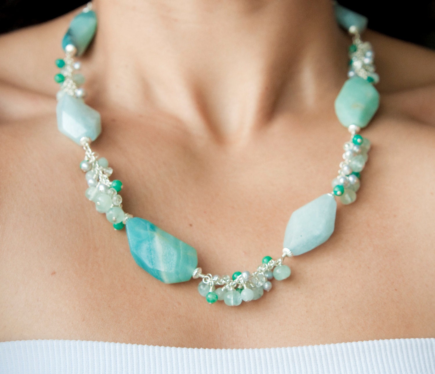 Sterling Silver Aquamarine and Amazonite Nugget Cluster Necklace