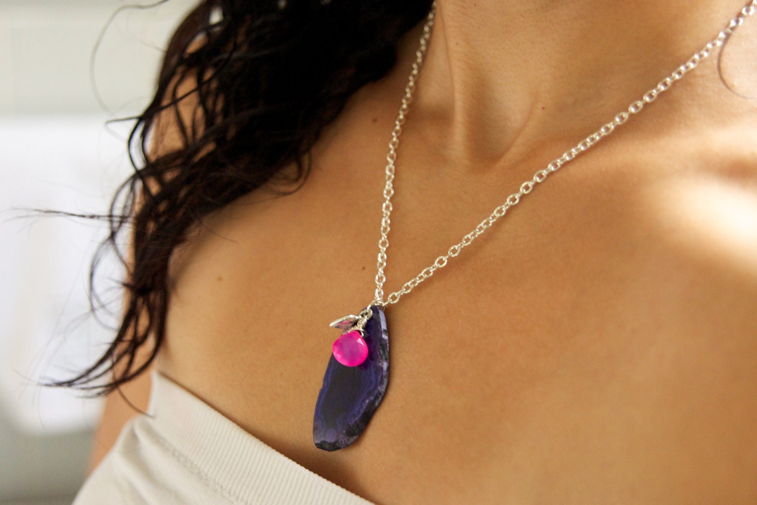 Sterling Silver Purple Agate & Pink Chalcedony 'Love' Necklace