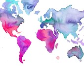 Print from original watercolor map illustration by Jessica Durrant, titled World Map No. 7