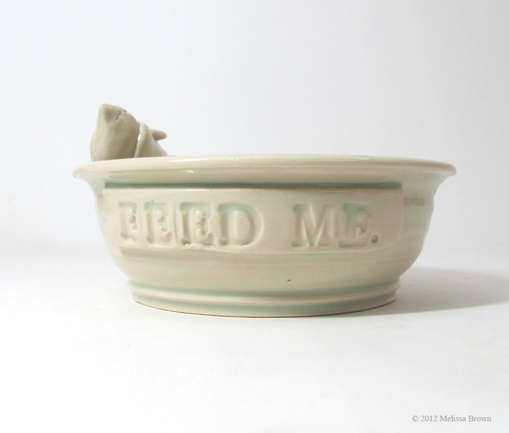 Feed Me :-) Cat Bowl or Dog Bowl Ceramic with a hand sculpted bird